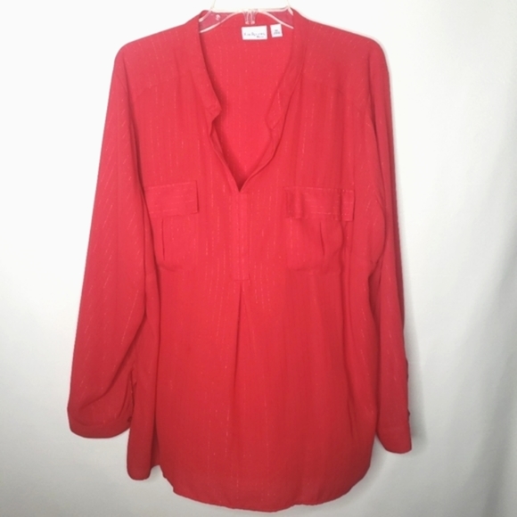 Kim Rogers Woman Red Chiffon Blouse Roll Tab Sleeves Plus Size 3X - Picture 12 of 13